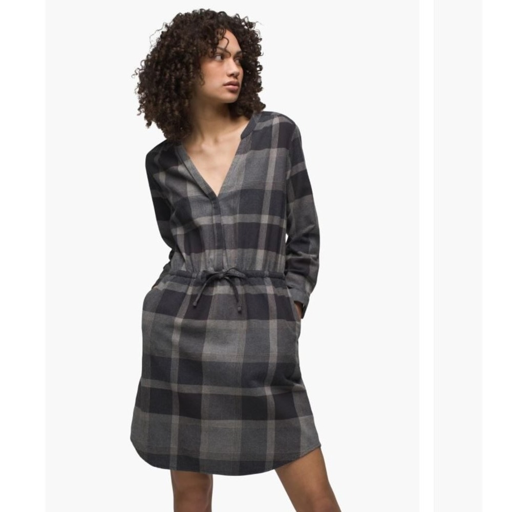 Prana Womens XS Grey Plaid Flannel Shirt Dress Loop to Pines Drawstring